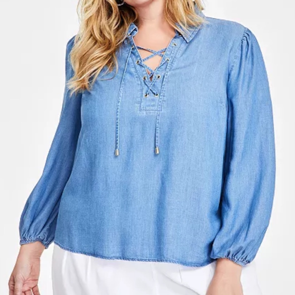 🆕 I.N.C. International Concepts 💯 lyocell Plus Size Lace-Up Blouson-Sleeve Top